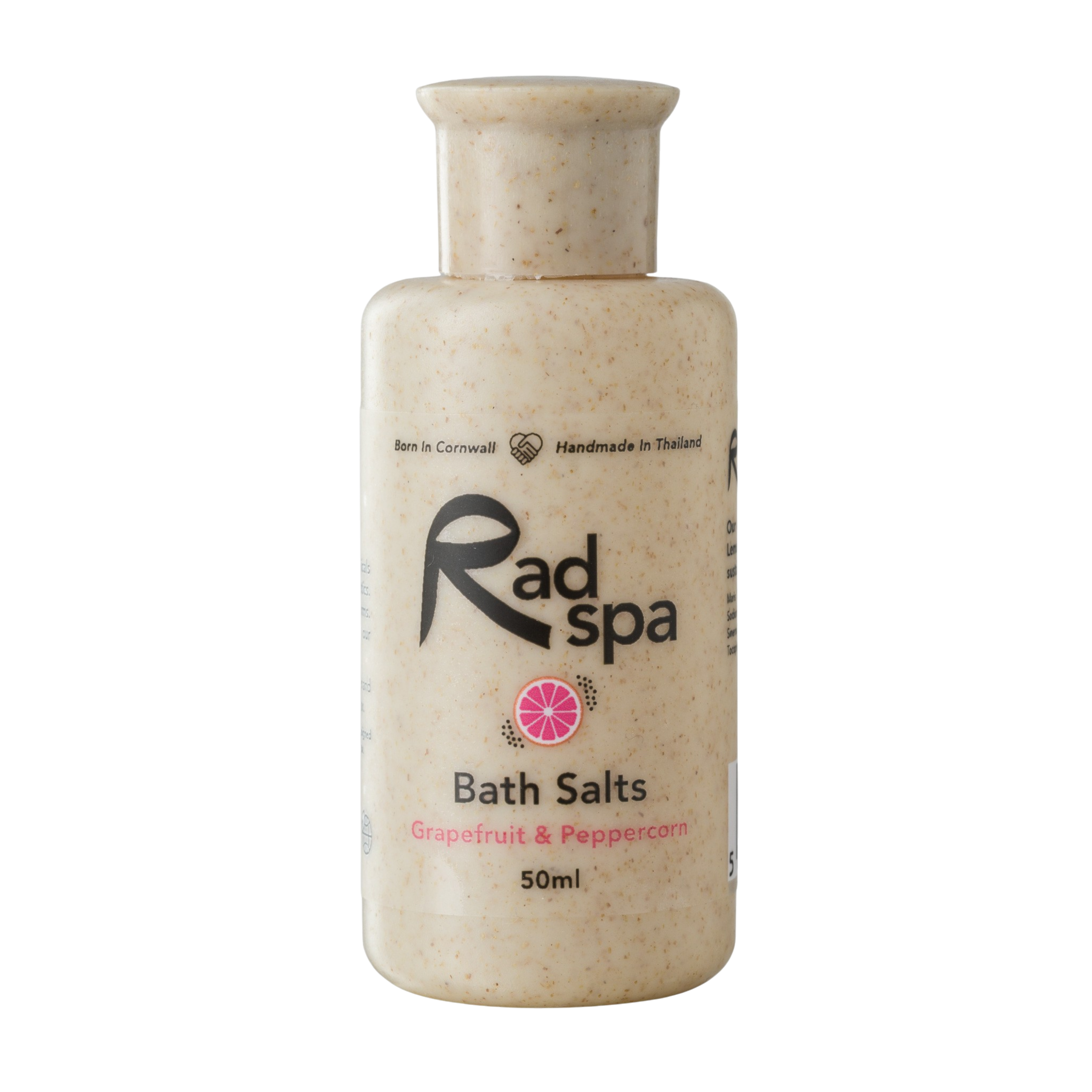 Rad Spa Bath Salts with grapefruit and peppercorn scent on a white background