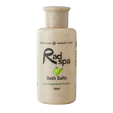 Bottle of Rad Spa bath salts on a white background