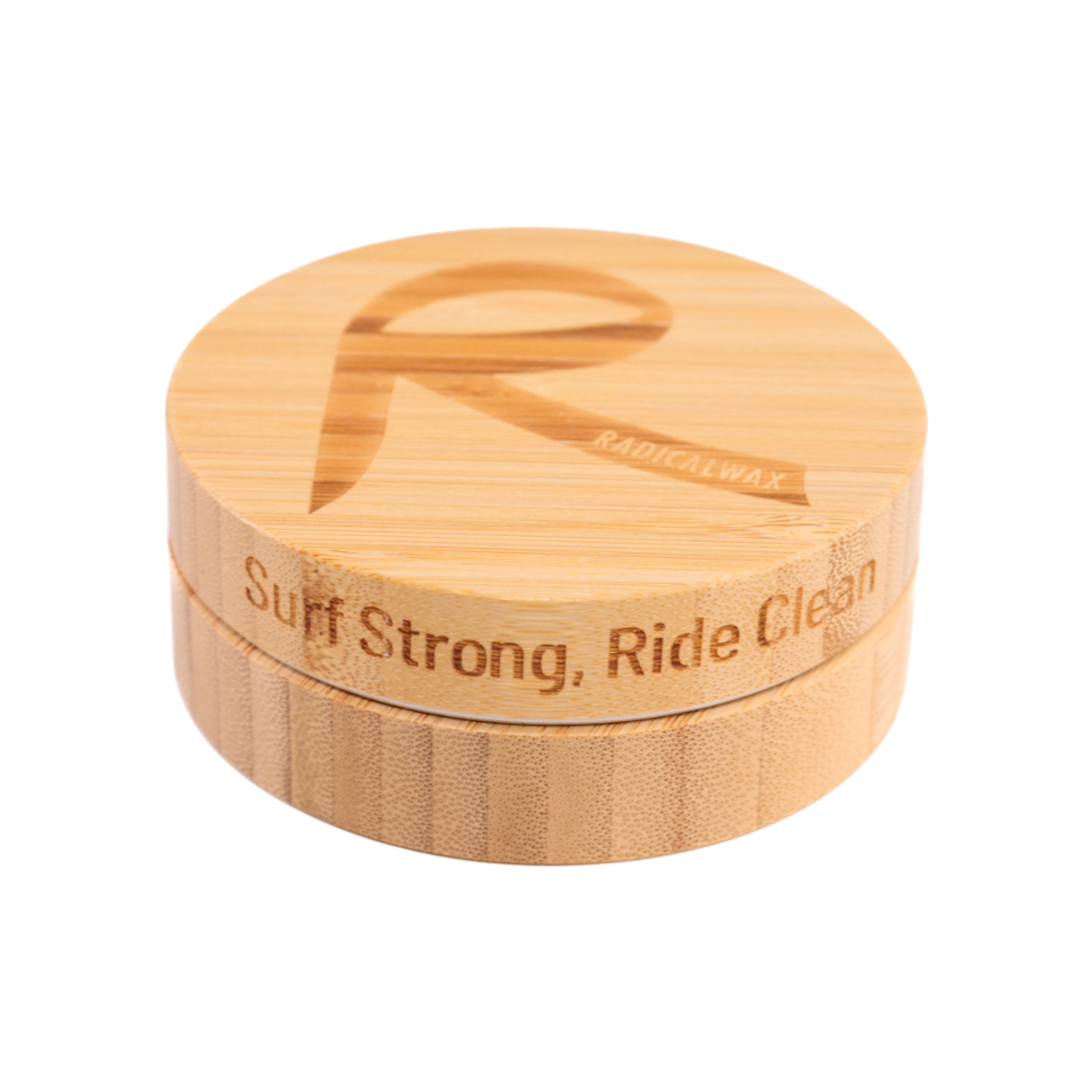 Wooden container with 'Rad Wax' branding and text on a white background